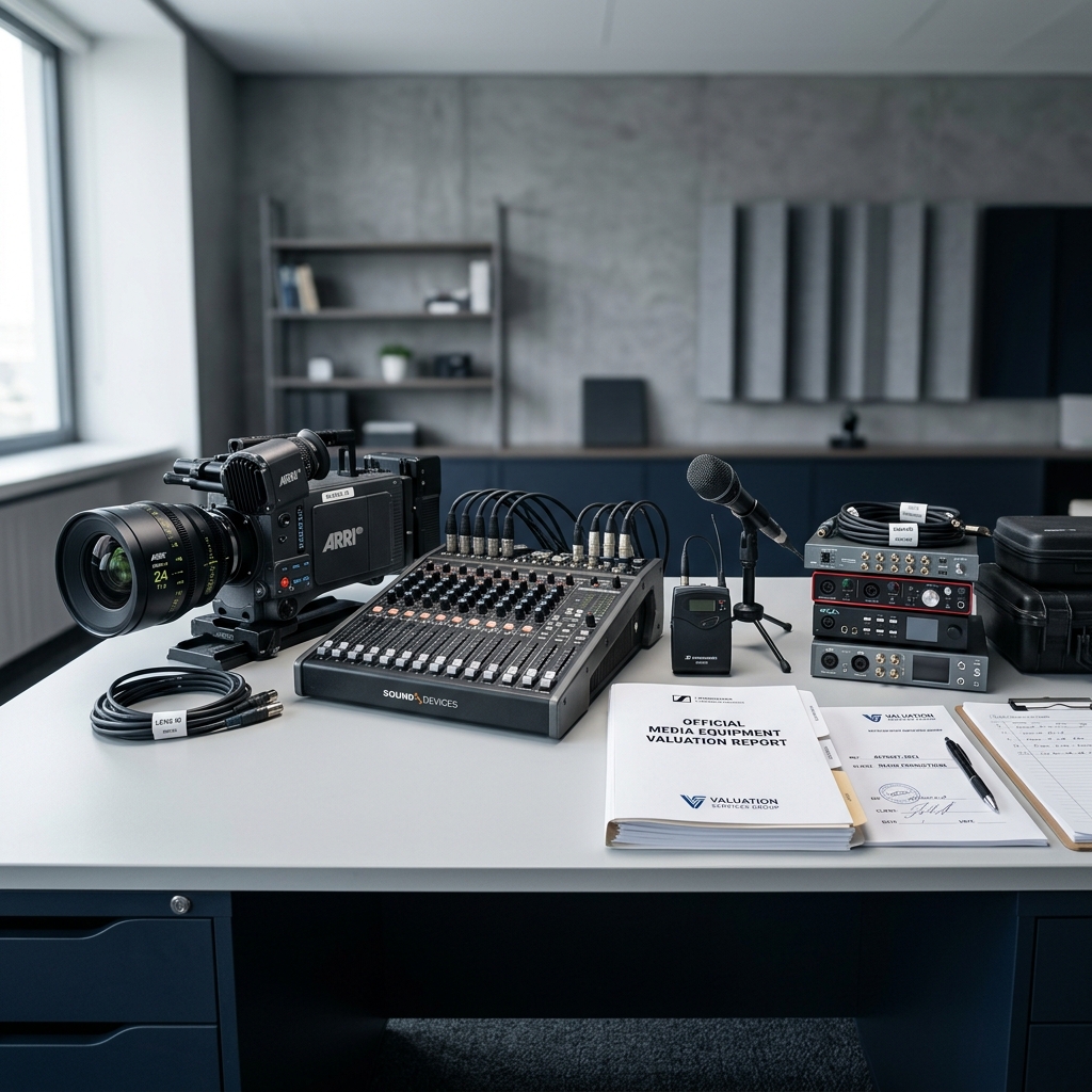 ציוד מדיה מקצועי על שולחן עבודה עם מסמכי שמאות